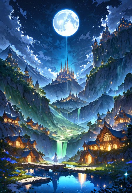 Under a full moon, a beautiful woman with a shimmering silver cloak walks along a stone path leading to an elegant elven castle. The castle, perched on a mountainside, overlooks a valley filled with luminous treehouses. Elves with intricate designs on their skin gather around a sparkling lake nearby.,  
OverallDetailXL <lora:MJ52:0.3>  <lora:EpicF4nta5yXL:0.7>