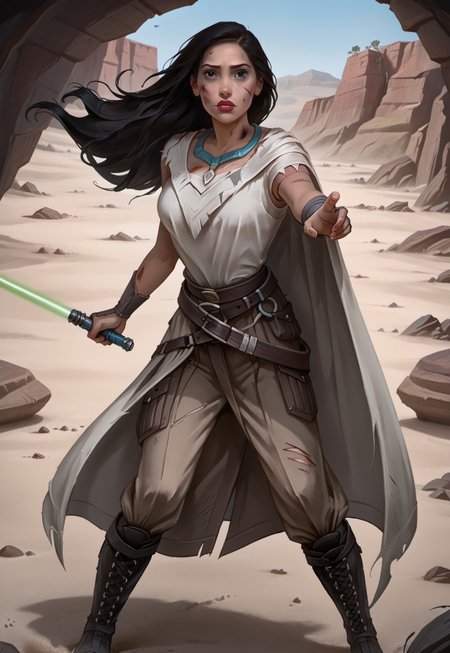 safe_pos, ((zPDXL3)), OZRN, digital art, score_9,score_8_up,score_7_up,score_6_up, face focus, waist-up portrait, absurdres, masterpiece, high res, detailed, 
1girl, solo, (((DisneyPocahontas, 1girl, black hair, black eyes, long hair, dark skin))), necklace, feathers, lips, dark skin, Native American, (d4rkr3v4n4rm0r, white robe, cape, hood down, breastplate, gauntlets, belt, pants, belt boots), (holding lightsaber, green lightsaber), calm expression, makeup, beautiful woman, action pose,
BattleDamage, cuts, bruises,
in danger, distressed, alarmed, (combat stance), 
dramatic, danger, dutch angle, dof, sand desert background, perfect, Hand, detailed, perfection, hands, 
<lora:bastilashan:1> <lora:Battle_Damage:0.3> <lora:hand 4:0.5>