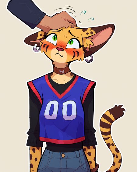 score_9_up, score_8_up, score_7_up, score_6_up, by remanedur, half-length portrait, medium breasts, brown choker, serval, green eyes, female, blush, flustered, tail, jersey, ear piercing, looking up, brown bracelet, bracelet, collar, denim bottomwear, denim jeans, ripped jeans, brown ears, brown spots, facial markings, topwear, tail, solo, confusion, nervous, petting, petting head, head pat, white humanoid hands, white disembodied hand, three-quarter view, head tilt, simple background, white outline,  <lora:Leah_Pines(AIM)_XL_v1:0.15> <lora:PDXL_artist_tags_v2_big:0.5> <lora:The-Minuscule-Task_PDXL_v1.0:0.6>  <lora:Pepper_Paminta_Ruffu:0.65>