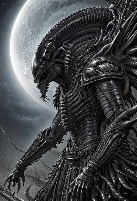 A closeup of fantastical image of a Xenomorph knight, clad in flowing, flowing robes, wielding an ornate, ornate blade. they wield the sword in a fluid, dynamic motion. The moon's reflection highlights their magical power, solo, wide angle, art by hr giger