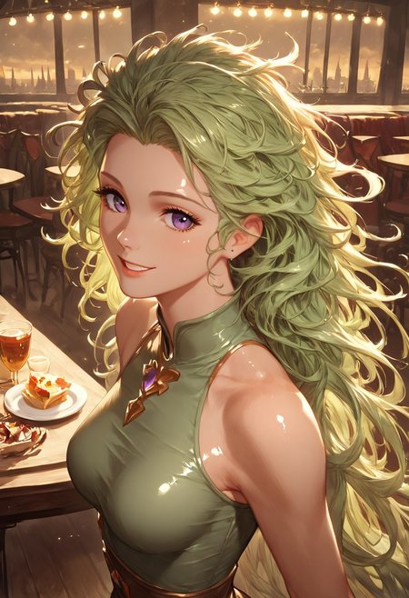 1girl, tina branford, green hair, violet eyes, green three-quarter shirt, brown skirt, (medium breasts), (petite body:1.2), messy hair, happy, looking at viewer, restaurant, standing, side view, taut clothing, headshot, long hair, 
score_9, score_8_up, score_7_up, (masterpiece, best quality, very aesthetic, ultra detailed), intricate details, beautiful face, detailed eyes, detailed background, granblue_fantasy_style_xl, expressiveh,  light from above, shiny skin, oiled skin,