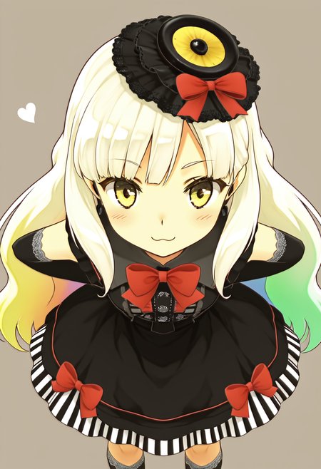 masterpiece, best quality, 1girl, solo,  zzMayu, yellow eyes, blonde hair, gradient hair, green hair, hair ornament, long hair, multicolored hair, rainbow hair, white hair,   dress, bow, hat, elbow gloves, kneehighs, lfashion, gothic,   smile, :3, leaning forward, portrait, close up, foreshotening,  narrow waist, cute background,  , <lora:MAYULoveLogic_IXL:1.0>,
