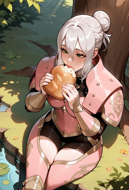 masterpiece, best quality, detailed background, 8k, detailed face, beautiful eyes
mature, 

<lora:thiccwithaq-artist-richy-v1_ixl:1>,

BREAK,
EffieFE, green eyes, silver hair, ponytail, 1girl, pink armor, lips, thigh gap, hip armor, sitting cross-legged, eating bread, crumbs, under tree, from above, sunlight through leaves, shadow, pond, lillypad in pons