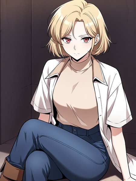 <lora:Omniscient_Readers_Viewpoint__Shin_Yoosung:1>
1girl, solo, short hair, blonde hair, soft expression, light skin,  red brown eyes,
white short-sleeve shirt, beige turtleneck sweater, dark blue jeans, brown boots, layered outfit, modern clothes, 
(Anime_source),Masterpiece,(perfect female body:1.2), small waist,(incredibly detailed:1.4), looking at viewer, sitting, crossed legs,