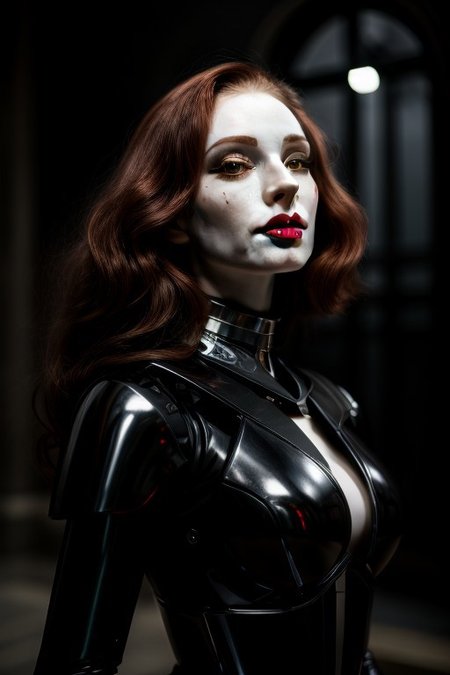 ((very beautiful)) cyborg woman, 30 years old, (beautiful:1.75), (very pale skin:1.35), (gothic makeup:0.99), (Red Lipstick:1), (anime:0.35), (oval face:0.25), (top model), (((body parts are made of metal))), (metal mask:0.05), (Halloween), (night), (noir) (front view:1.25), (elegant), 10 minutes before the world will end, (back light),  hyper-realistic, (ultra-detailed:1), (insanely detailed:1), 4k, (realistic), 8k, shot on portra 400, (((masterpiece))), (perfect composition:1.55), (best quality), (HD), (style of Leonardo Da Vinci:0.10), style of Caravaggio, (Perfect hand), Hand, (detailed hand)