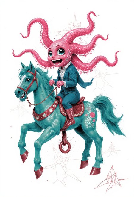 Digital drawing that combines elements of surrealism and modern art. The central figure is a stylized, three-dimensional representation of a baby kraken disguised as a carousel horse, its tentacles playfully hiding beneath its painted saddle, with striking details rendered in various shades of aquamarine and rose pink  CreeepyCuteMagic