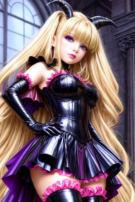 blonde evil corrupted young princess wearing dark pastel (ruffled:1) (gleaming latex:1) EvlSM DarkPrecure Bad_End_Precure gown with (long latex cape:1) and latex elbow bridal gauntlets, (Perfect Face:1), soft lighting, glossy red lips, ruffles,
<lora:more_details:1>
