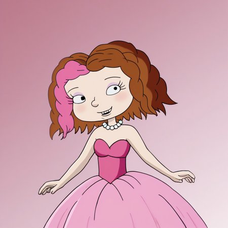 1girl, solo, short hair, brown hair, two-tone hair, pink hair, black eyes, Very long large straight tulle pink princess ball gown hoop skirt, ball gown hoop skirt, pink princess dress, white pearl necklace, hoopdress, my big princess gypsy wedding dress, ballgown, a girl in a dress posing like a princess for a picture, wearing a sleeveless ballgown, looking at viewer