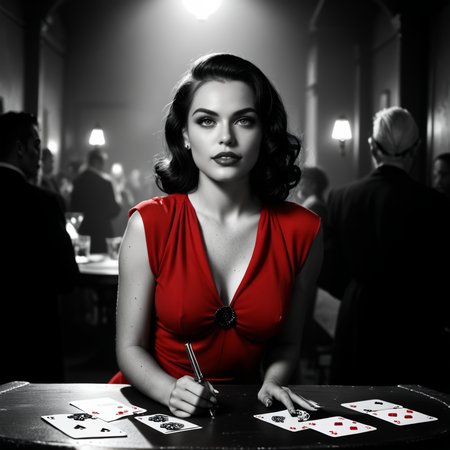 nstylev2, Film noir style, ultra realistic, ultra defined textures, monochrome, dynamic posing, a curvy blond with freckles, a woman in a blood-red dress walks into a smoky underground club, the room falling silent as she glides past card tables and wary eyes. At the back, a man waits for her, a revolver resting on the table between them. She leans down, placing a single playing card over the barrelâan ace of spades. The dim lighting casts long, dramatic shadows as she whispers in his ear, tracing his jaw with her fingertips  <lora:Noir-Style_FilmPhotography_V1_-_Pony-000010:0.8>