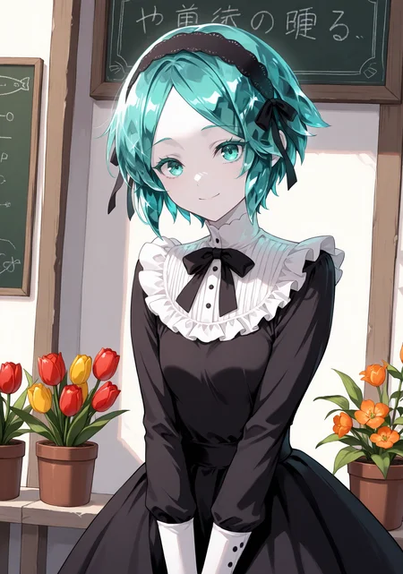 masterpiece, best quality, 1girl, solo, androgynous, ph0s, pale skin, colored eyelashes, crystal hair, aqua hair, short hair, parted bangs, gothic, goth fashion, black dress, frills, hairband, flower shop, outdoors, storefront, flower pot, potted plant, shelf, tulip, orange flower, red flower, (breasts squeezed together), (v arms), long sleeves, chalkboard sign, dutch angle, aqua eyes, looking at viewer, closed mouth, smile