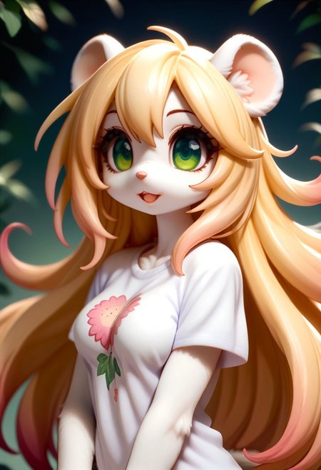 score_9, score_8_up, score_7_up, source_furry, FMW1, fluffy, painterly, vibrant details, outdoors, park,, Chloe, 1girl, solo, (medium breasts:2), (long hair, blonde hair, gradient hair:2), animal ears, (green eyes, gradient eyes:1.5), furry female, mouse ears, mouse girl, mouse tail, body fur ,white fur, bangs, animal nose, buck teeth, 
upper body, headshot, long eyelashes, wide smile, open mouth, 
(lace trim, violet print t-shirt:1.5), hand on own face, looking at viewer, kftenhance,