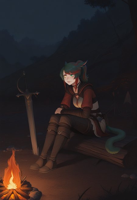 masterpiece, best quality, absurdres, CatGirlStyle,
1girl, siriha, miqo'te, green hair, red hair, two-tone hair, tail, heterochromia, yellow eyes, green eyes,
adventurer,
sitting, campfire, sword in campfire, bonfire \(dark souls\),
night, dark, warm lighting, orange glow