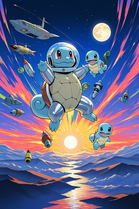 masterpiece, best quality,   <lora:SquirtlePokedexIXL:1.0>,   zzSquirtle, space helmet, jetpack shell, ray gun, shiny silver suit, moon landscape, vintage rocket ship, colorful planets, retro control panel, antenna backpack, excited pose