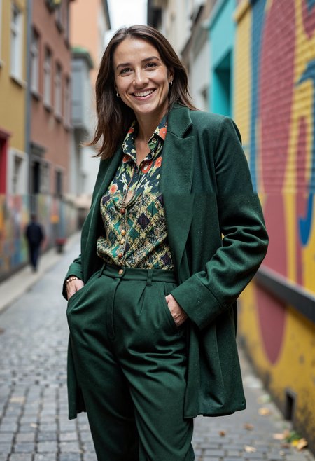 A photorealistic, full-body portrait of Ailine Cybelle, a 40-year-old woman standing confidently with her hands on her hips, smiling warmly, dressed in a chic urban outfit featuring trendy, colorful patterns in a variety of greens. Her look is casual yet sophisticated, combining a stylish green coat, a patterned blouse, and high-waist trousers that emphasize inclusivity and body positivity. She stands on a narrow cobblestone street, with a vibrant, textured wall in the background, adding depth and an artistic edge. The atmosphere is lively, with a fashionable yet approachable city vibe, capturing street style with an elegant twist, highlighted by the natural light of a cloudy day.