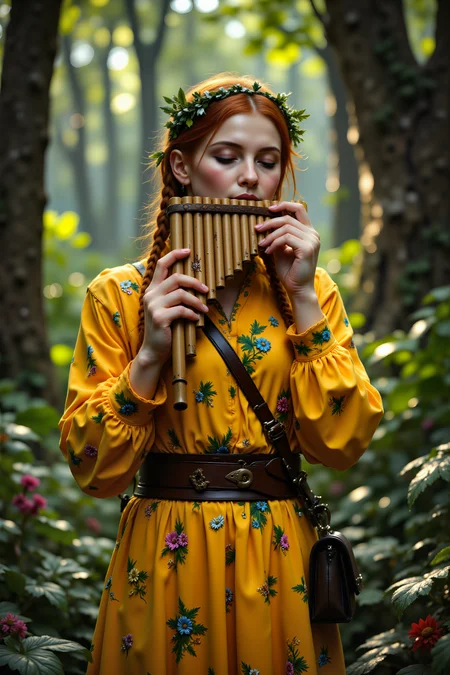 a woman with ginger hair and braid wearing yellow flower dress and green headband with a bag, in a forest, ,playing glass panflute , detailed background  Fantastic lighting. Detailed shadows.intricate details, vivid colors, hyper-detailed, ultra-sharp, <lora:PANFLUTE_FLUX>, <lora:FluxMythR3alisticF><lora:PCB_Image_Enhancer_for_FLUX:0.35>