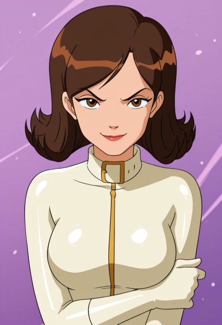 masterpiece, best quality, good quality, 1girl, solo, cartoon, parody, official style, geraldine_totally_spies, brown eyes, brown hair, short hair, white bodysuit, sexy, large breasts, beautiful, detailed, high detailed, very beautiful, detailed face, detailed eyes, detailed hand, abstract background, smile, smirk, looking at viewer, face focus