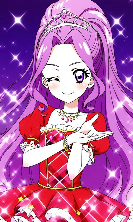 general,highres, ultra-detailed,very aesthetic,best quality ,best hands, BREAK <lora:Kanzaki_Mizuki_aikatsu!_IS:1>
kanzaki_mizuki(aikatsu!), 1girl, solo, purple hair, purple eyes, long hair, ponytail, high ponytail, hairband, very long hair,
one eye closed, smile, red dress, jewelry, purple background, necklace, star (symbol), looking at viewer, ;), bracelet, tiara, argyle, gradient background, gradient, plaid, frills,
sparkle, reaching,