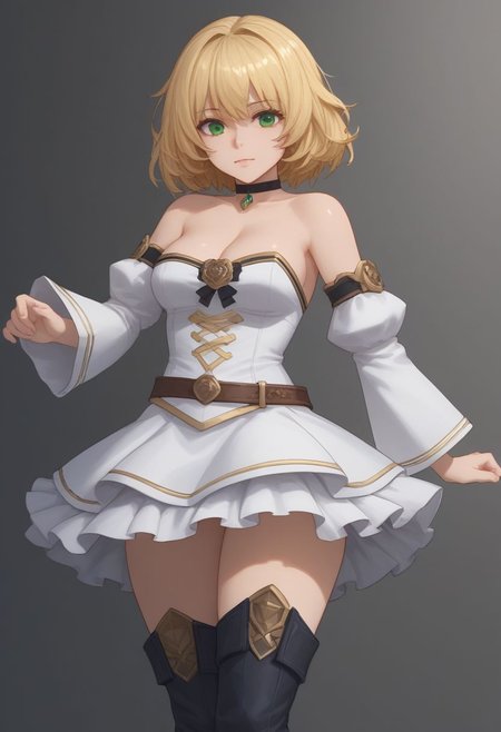 high quality, solo, 1girl, FioraDE, green eyes, blonde, medium hair, white bralette strapless, detached sleeves, skirt, thighhighs, boots, choker,