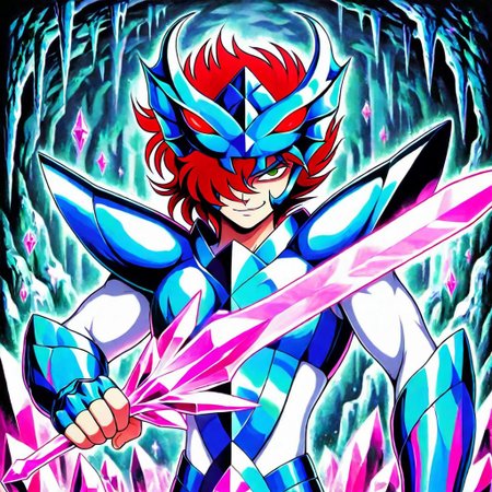 masterpiece,best quality,amazing quality, stalac, traditional media, SSALBE, 1boy, male focus, wavy hair, short hair, pink-red hair, hair over one eye, green eyes, megrez forehead protector (red eyes), megrez armor, teal pauldrons, teal breastplate, white bodysuit, teal fingerless gauntlets, solo, holding pink crystal sword, one-handed sword, crystal cave background, smirk, evil smile, upper body