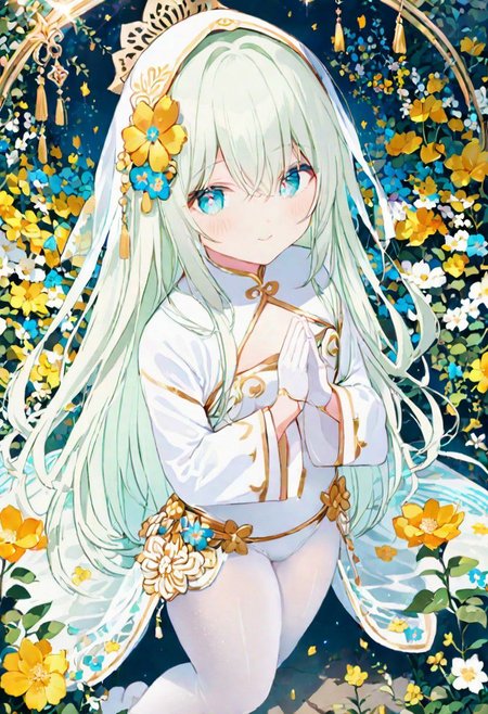 Best quality, masterpiece, fantasy flower garden, view from above, one petit priestess girl with flat chest, shining hands bound in prayer, standing upright, detailed light green long loose hair, priestess' veil, cute smooth face, gentle smile, detailed light blue eyes, detailed make up, jewelry, pure white clothes, shawl, white turtleneck leotard with long sleeves and gloves, slim waist, slim belly, thick clavicle, micro skirt, thick hips, thick thighs, white tights, heels