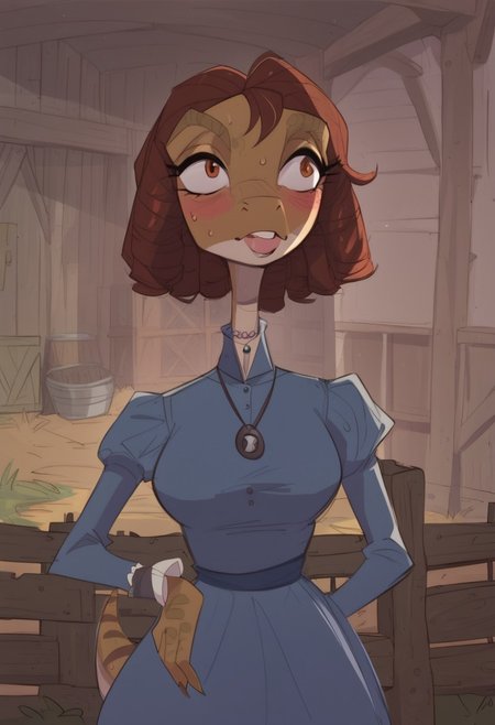 safe_pos, BeansPXL, jewelry, long sleeves, juliet sleeves, necklace, puffy sleeves, dress, blue dress, brown eyes, brown hair, short hair, drill hair, reptile girl, large breasts, narrow waist, wide hips, anthro lizard, scales, furry, female furry, upper body focus, sweating, blushing, porch light, early evening, 
flat color, fca style, toon \(style\), 2d,score_9, score_8_up, score_7_up, score_6_up, farm house, fence,
