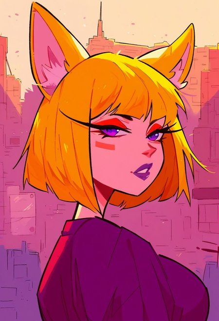 score_9, score_8_up, score_7_up, solo, 1girl, blonde hair, bob cut, (fennec ears),  red eyeshadow, purple eyes, purple lips, large breasts, purple kimono, fox tail, urban, outdoors, portrait, upperbody, dijor,