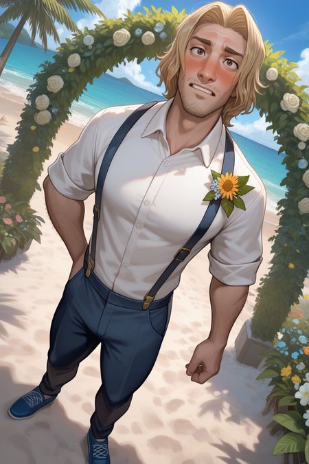expressive manly face, shadow, dynamic angle, intricately detailed, depth of field, masterpiece, best quality, amazing quality, very aesthetic, absurdres, newest, very awa, detailed eyes, perfect eyes, 1boy, make focus, solo,coralben,blonde hair,medium hair,brown eyes,facial hair,stubble, white collared shirt, black pants, suspenders, blue shoes, flower corsage, blushing, standing, beach wedding, flower arch, sunny, 