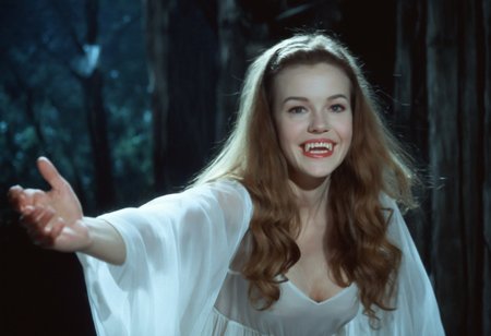 cinematic (close-up:1.2) of pretty slender young vampire woman standing with arms open, wearing transparent white dress, pale skin, laughing showing (teeth and fangs:1.3), dark night, soft natural light, creepy atmosphere <lora:h4mm3r:0.8>