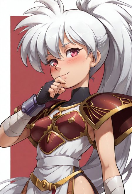 masterpiece,best quality,amazing quality,
1girl,solo,<lora:luna_ilxlv1:1>,Luna,white hair,red eyes,hair ornament,ponytail,l_clothes,shoulder armor,
<lora:Fixhands_anime_bdsqlsz_V1:1>,looking_at_viewer,upper_body,face_focus,dynamic_angle,cinematic_angle,smile,light_blush,white_background,simple_background,hand to own mouth,profile,