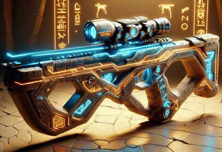 egyptTech, neon crossbow, scope, Egypt Tech neon crossbow with scope, fantasy Egypt Tech neon crossbow with scope, science-fiction Egypt Tech neon crossbow with scope, Egypt Tech neon crossbow with scope aesthetic, elegant, majestic, detailed, ultra realistic, masterpiece, high detailed skin, high definition, high quality, anime cgi, detailed matte painting, deep color, fantastical, intricate detail, splash screen, complementary colors, fantasy concept art, 8k resolution, Unreal Engine 5