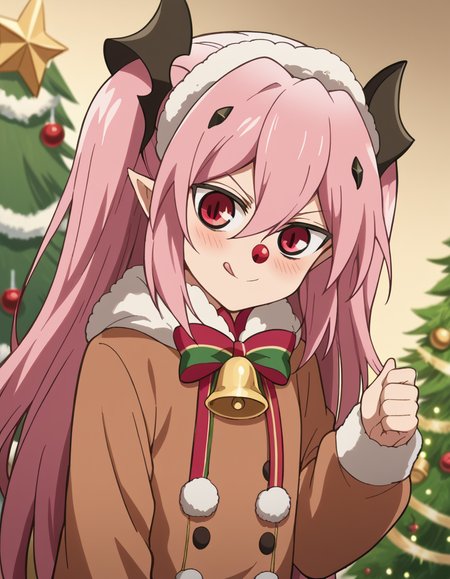 score_9, score_8_up, score_7_up, source_anime, <lora:krul-tepes-s2-ponyxl-lora-nochekaiser:1>, krul tepes, long hair, red eyes, pink hair, pointy ears, hair ornament, anime screencap, <lora:reindeer-costume-ponyxl-lora-nochekaiser:1>, reindeer costume, animal costume, reindeer antlers, antlers, fake antlers, reindeer hood, christmas, red nose, deer ears, deer tail, christmas tree, bell, horns, reindeer,, blush, smile, tongue out, looking at viewer,, , dutch angle, cowboy shot