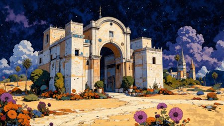 Art Deco painting. Ground level wide angle view. Mayan theme. Victorian castle in a desert at night, white spotlights. Intricate white and violet and brass gothic details. Overall, the scene is imaginary and is very detailed. Dramatic lighting illuminates the scene from below. <lora:Paper_Marbling_Flux:0.8> <lora:아름답고_우아한_r1:0.6> <lora:midjourney_whisper_chromaplex_v1:0.8>