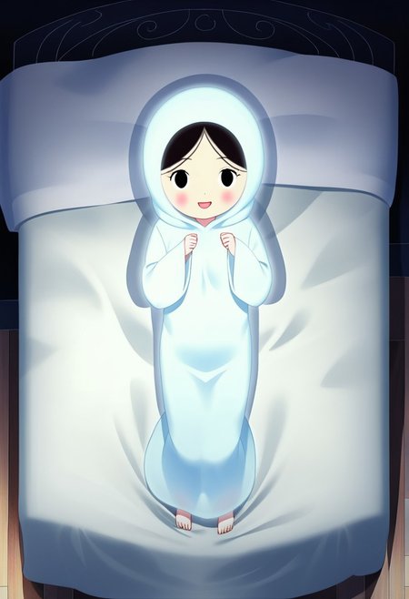 zPDXL3, source_cartoon, Perfect Hands, full body,
1girl, solo, aged down, bedroom, looking at viewer, saoirse, black hair, black eyes, blush, ghost, hood up, robe, barefoot, glowing, dancing on bed, from above, facing at viewer, feeling cold, eyes open, smile, open mouth, sleeve past wrist, slim body, long body, highlight cloth wrinkle, anime style,
<lora:Perfect Hands:1>  <lora:Saoirse_-_The_Song_of_the_Sea-000009:1>