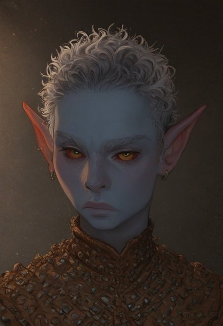 solo, short pointy ears, piercings, random elf face, aquiline features, male dark elf, masculine, facial hair, brow rings, beaded piercings, weathered skin, large nose, insect chitin armor, insect chitin helmet, insect chitin ornaments, stylized insect pattern, athletic build,  animated realism, zoomed out, Syrian features, torso, brass pipes and gears, intricate architecture, dwarven masonry, dwemer fixtures, white-green light, gloomy lighting, ancient ruins, interior, stone tiled floor, grey-blue skin, mahogany and ivory clothes, medium armor, bone plate armor, ivory straps and fittings, alien bone ornaments, grey wood neckguard, red sclera, black pupils, blue-green light, neon, highly detailed, defined features, looking at viewer, three quarters view, from above, dynamic lighting, 29 years old, light and shadows, patterned cloth, annoyed expression, expressive eyes, detailed medieval clothes, short hair, wavy hair, thick hair, beaded hair, braided hair, under cut hair, semirealistic, alien elf, spanish features, jewish features, white grey hair, dark red hair, umber skin, sharp features, pastel green inuit print cloak, nighttime, high detail, absurdres, pretty eyes, detailed eyes, yellow eyes,