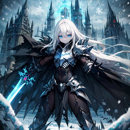 (masterpiece), 1girl, solo, blue eyes, ahoge, white hair, (absurdly long hair:1.2), flat chest, pale skin, hair between eyes, half-closed eyes,  expressionless, <lora:edg_DeathKnight:1>, edgDeathKnight, wearing edgDeathKnight armor, winter, snow, black cloak,  <lora:add_detail:1>,  <lora:r1ge - AnimeRage:0.2>, black castle, blizzard, ice, blue trim, mecha musume, fighting stance, holding sword, futuristic, glow, bodysuit, pelvic curtain

