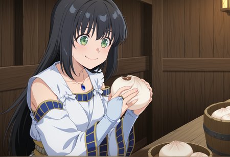 anime screencap, anime screenshot, anime coloring, 1girl, solo, black hair, long hair, pendant, green eyes, white dress, long sleeves, wide sleeves, detached sleeves, bare shoulders, bridal gauntlets, sitting, smile, holding baozi, upper body, happy, tavern <lora:viki_illus:1>, masterpiece, best quality, amazing quality, very aesthetic, absurdres, highres, newest