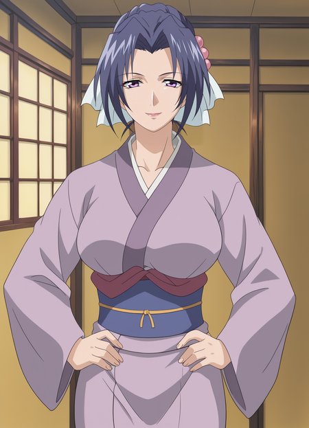 <lora:Azusa-Ryoujoku_Hitozuma_Onsen:0.8>,Azusa,mature female,1girl,solo,blue hair,hair ornament,purple eyes,large breasts,kimono,cowboy shot,hands on own hips,looking at viewer,smile,indoors