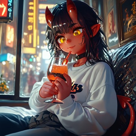 score_9, score_8_up score_7_up, score_6, BREAK masterpiece, high quality, perfecteyes, detailed background, depth of field, SkinDetail, cinematic lighting, shading, meruccubus, 1girl, 2d, red tail, horns, demon tail, long hair, black hair, choker, yellow_eyes, freckles, colored skin, red skin, demon_girl, flat chest, black outline, looking outside window, bottle, relaxing, holding glass cocktail, focus solo, on side, sitting window bench, long sleeves, white shirt, blue pants, shirt, indoors, building, interior, night sky, moon, city lights, city background, city theme, huge glass windows, smile