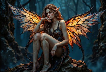 ArsMJStyle, Stained Glass,dark fantasy, eerie,. A Full body shot of a breathtaking young elf with delicate, stained glass butterfly wings, glowing softly as they catch the light. She sits on a moss-covered stone, her wings folded neatly behind her, her gaze peaceful . Her skin is smooth, flawless, and radiant, with a soft, silky texture and no visible imperfections. The stained glass wings shimmer with translucent sections that change color as she moves, capturing the light like a prism. Her expression is serene, with an intense focus on something distant, while her hair rests softly on her shoulders, shining under the moonlight. Highly detailed, photorealistic, sharp focus, volumetric lighting, realistic shadows, ultra-high definition, and cinematic atmosphere. , <lora:StainedGlassFlux.safetensors:1.0:1.0> <lora:fantasy-flux-v1.safetensors:1.0:1.0> <lora:Flux Darkfantasy_epoch_1.safetensors:0.75:0.75>