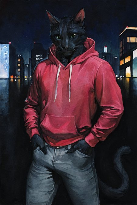 masterpiece, best quality, highres, newest, traditional media, realistic, watercolor \(medium\), anthro, furry, black cat, cat, black fur, green eyes, pink hoodie, grey pants, muscular, 1boy, solo, male focus, mature male, looking at viewer, cowboy shot, standing, outdoors, city, building, night, night sky, dark background <lora:Ð¡osmic Void [LoRA] - NoobAI-XL EPS 1.0:0.8>
