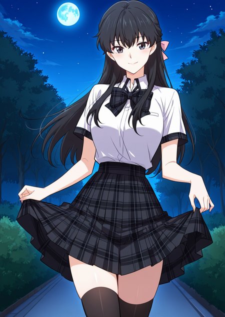 <lora:Immortal_Swordsman_In_The_Reverse_World__Jiang_Lian:1>
1 girl, solo,long black hair, straight hair, bangs, hair bun, black eyes,
school uniform, short sleeve shirt, white shirt, plaid skirt, black plaid, big ribbon bow, thigh high socks,
score_9, score_8_up, score_7_up, source anime, BREAK, cowboy shot, Masterpiece,(perfect female body:1.2), small waist, (incredibly detailed:1.4), slim, beautiful fingers, beautiful skin, looking at viewer, breasts, skirt hold, smile, garden backgroun, exterior, background, looking at viewer, night, blue moon