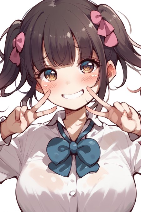 score_9, score_8_up, score_7_up, score_6_up, 
 <lora:Marost:1> marost, 1girl, v, solo, twintails, smile, breasts, bow, brown eyes, double v, white background, upper body, blue bow, bowtie, blush
