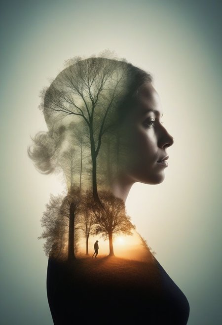 Create a striking double exposure portrait of a person in a studio setting. Position the subject against a minimalist background, ensuring they are well-lit with soft, diffused lighting to highlight their features. Integrate a secondary image within the silhouette of the subject, blending elements of nature such as trees, flowers, or abstract patterns to add depth and complexity. Aim for a harmonious balance between the two exposures, with careful attention to detail and contrast, to evoke a surreal and artistic ambiance.