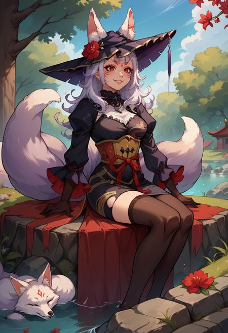 score_9, score_8_up, source_anime, 1girl, solo, kosaka2st, facial mark, red eyeshadow, forehead mark, makeup, fox ears, animal ear fluff, fox tail, multiple tails, red flower, black dress, black gloves, black thighhighs, juliet sleeves, witch hat, sitting on rock, outdoors, cherry blossom, smile, <lora:spninaKosakaXLPony:1>