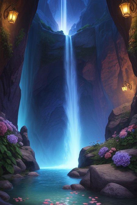 (ultra high res:1.4), (masterpiece), (beautiful lighting:1.4) , raw movie poster, (masterpiece, best quality:1.5), (award winning photo)of  a cave surrounded by gemstones in the distance you can see a water basin with a waterfall blue roses grow by the basin the light from the gemstones with which the wall is decorated falls on the water and casts shadows on the rose petals the atmosphere of the picture is magical and warm,(masterpiece, best quality),(sharp focus:1.2),(photorealistic),(intricate details),unity 8k wallpaper,ultra detailed,glow particle, ultra detailed face,ultra detailed eyes
