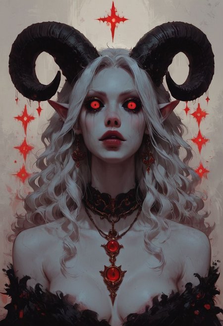 score_9, score_8_up, score_7_up, score_6_up, source_anime, masterpiece, high res, horror aesthetic, 
BREAK
1 girl, ornate collar, sheep horns, skimpy ornate dress, dark castle background, perfect dramatic makeup, beautiful face, black sclera, red eyes, sharp features, pointed ears, white hair, curly hair, white skin, solo, large teardrop breasts, ample ass, shapely figure, concept art, realistic h3ll1sh, r3dgl0w, red eyes, <lora:Castlevania_Style_XL:0.7>, Castlevania style