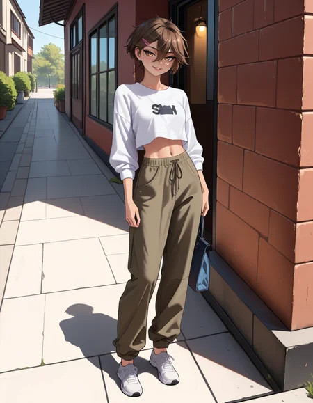 masterpiece, best quality, very aesthetic, absurdres,
outdoors, casual, 
full body, standing, posing, 
 seductive smile, parted lips, long eyelashes,
<lora:Sasha_v01_NAIXL:1>
S4sh4,1girl,solo,tomboy,short hair,brown hair,hairclip,hair between eyes,brown hair,bangs,
