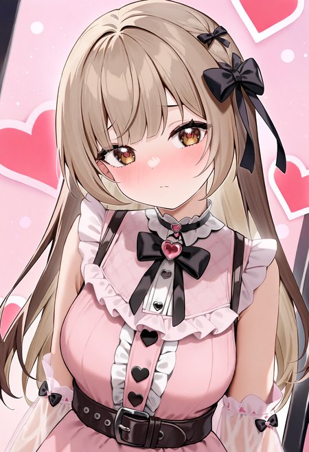 <lora:Animagine_Style5118164398-000210:1>, 1girl, solo, brown eyes, brown hair, ribbon, hair ribbon, blush, black ribbon, collar, closed mouth, black bow, heart print, frills, looking at viewer, black bowtie, medium hair, medium breasts, head tilt, pink shirt, center frills, white shirt, vest, jirai kei, collared shirt, see-through, long hair, frilled shirt, pink dress, looking to the side, pink vest, sidelocks, hair bow, buckle, belt, plaid, light brown hair, masterpiece, best quality, very aesthetic, absurdres