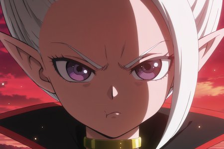 anime screencap, masterpiece, best quality, amazing quality, very aesthetic, absurdres, newest, (scenery, volumetric lighting), official style, dappled sunlight, light particles, light rays,
dr arinsu, official style, white hair, red cape, 1girl, solo, looking at viewer, pointy ears, portrait, close-up, serious, gold choker, collared cape, v-shaped eyebrows, pout, frustrated, two tone cape, red sky, evening, purple eyes, 
 <lora:DrArinsu_IL:0.8>