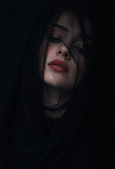 A mysterious woman with her face partially obscured by a black veil. Only her lips are visible, forming a enigmatic smile. The rest of the image is blurred, focusing solely on her lips. The lighting is soft, casting a faint shadow over her face, adding to the intrigue. The scene feels intimate and secretive.  <lora:FluxDFaeTasticDetails:0.8>  <lora:aidmaHyperrealism-FLUX-V0.1:0.45> aidmaHyperrealism,